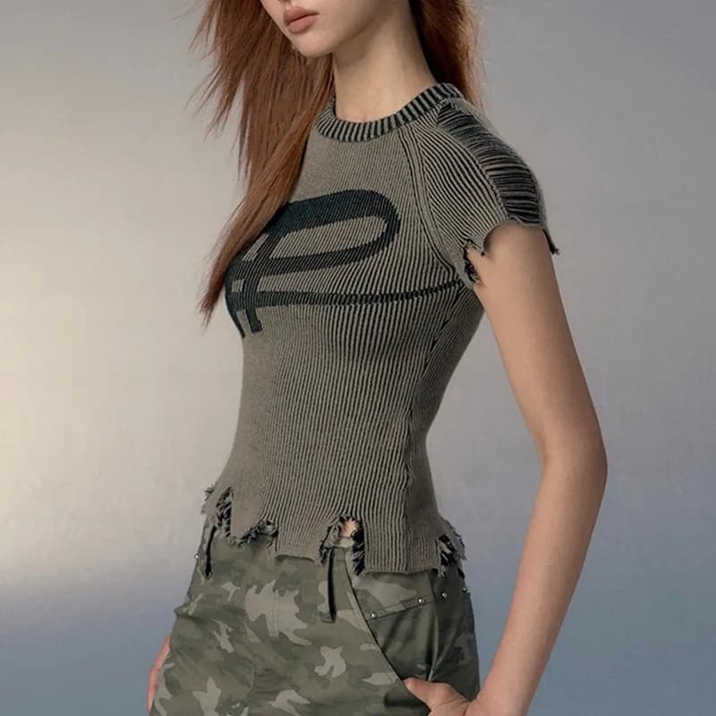 Karrcat-T-shirt Punk Broken Crop Top, Esthétique Grunge, Vintages, DistMurcia Top, Harajuku Slim dea