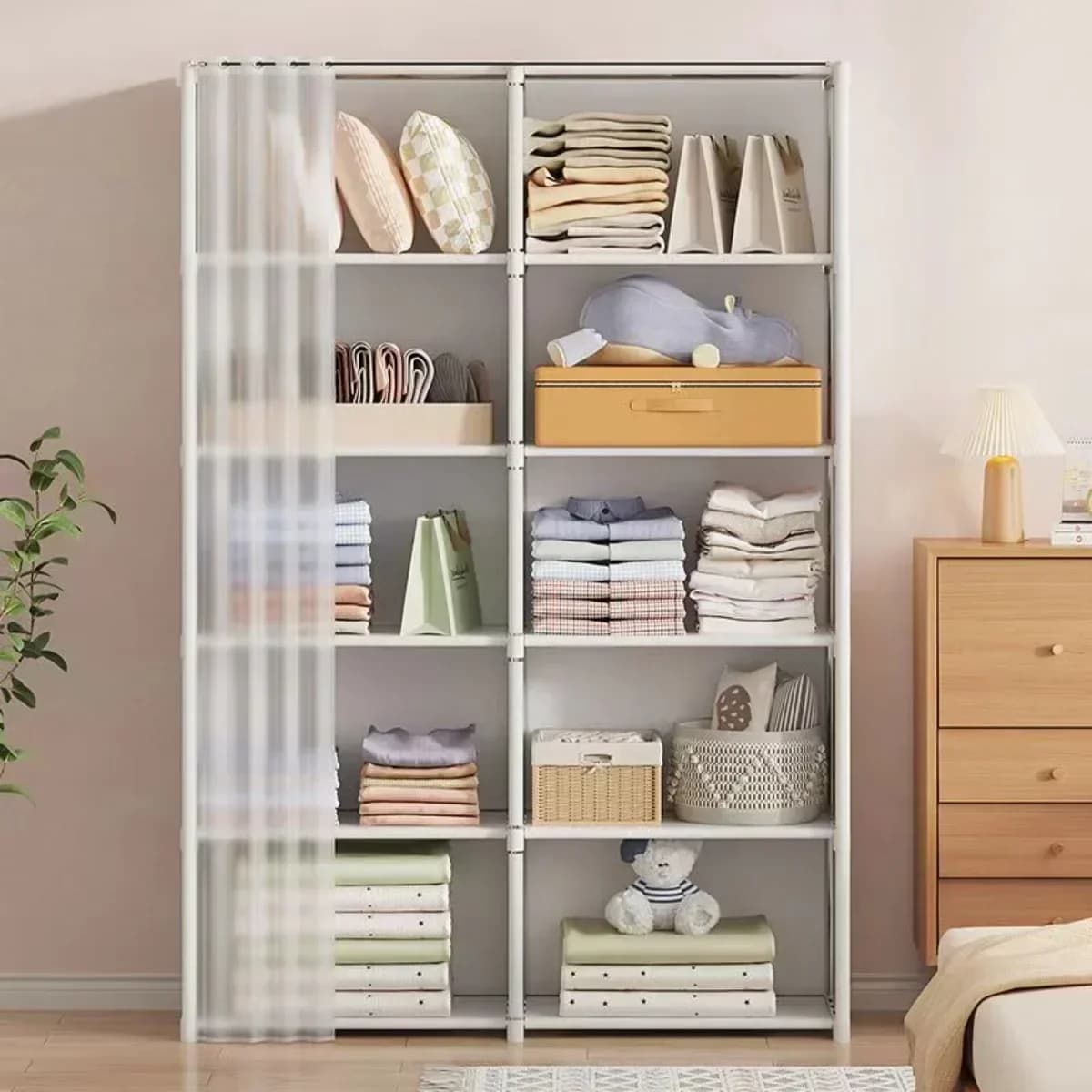 Support de rangement multicouche, armoire de rangement anti-poussière multifonctionnelle avec rideau