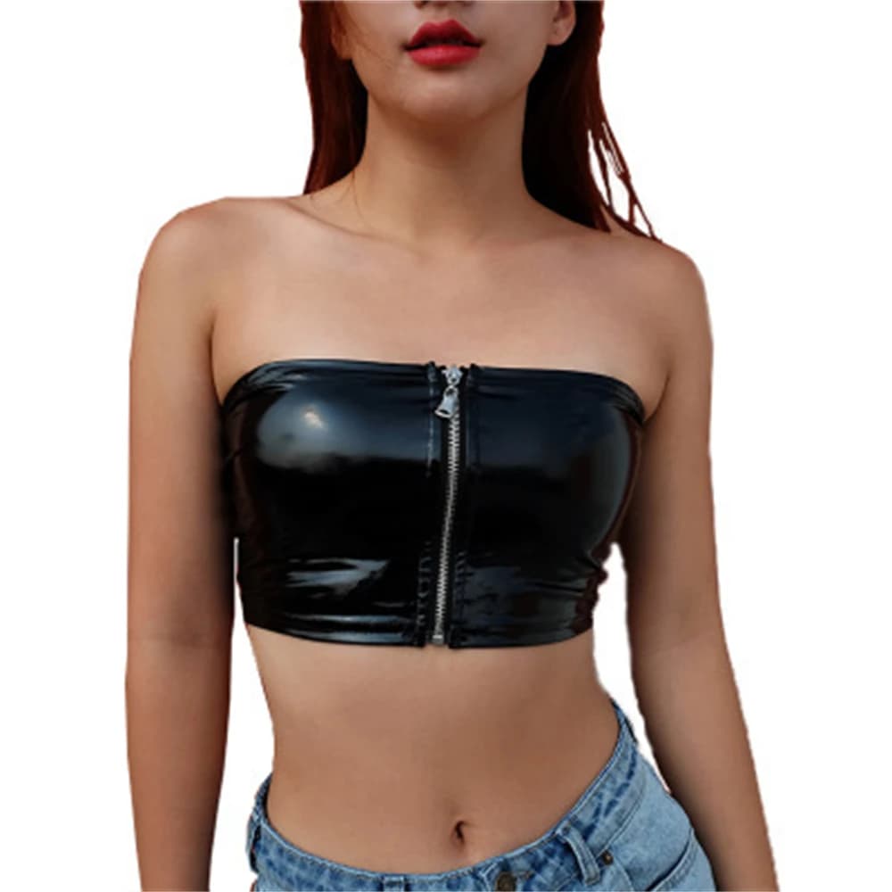 Débardeur court sexy en similicuir PU noir brillant avec fermeture éclair, style bandeau, bustier, b