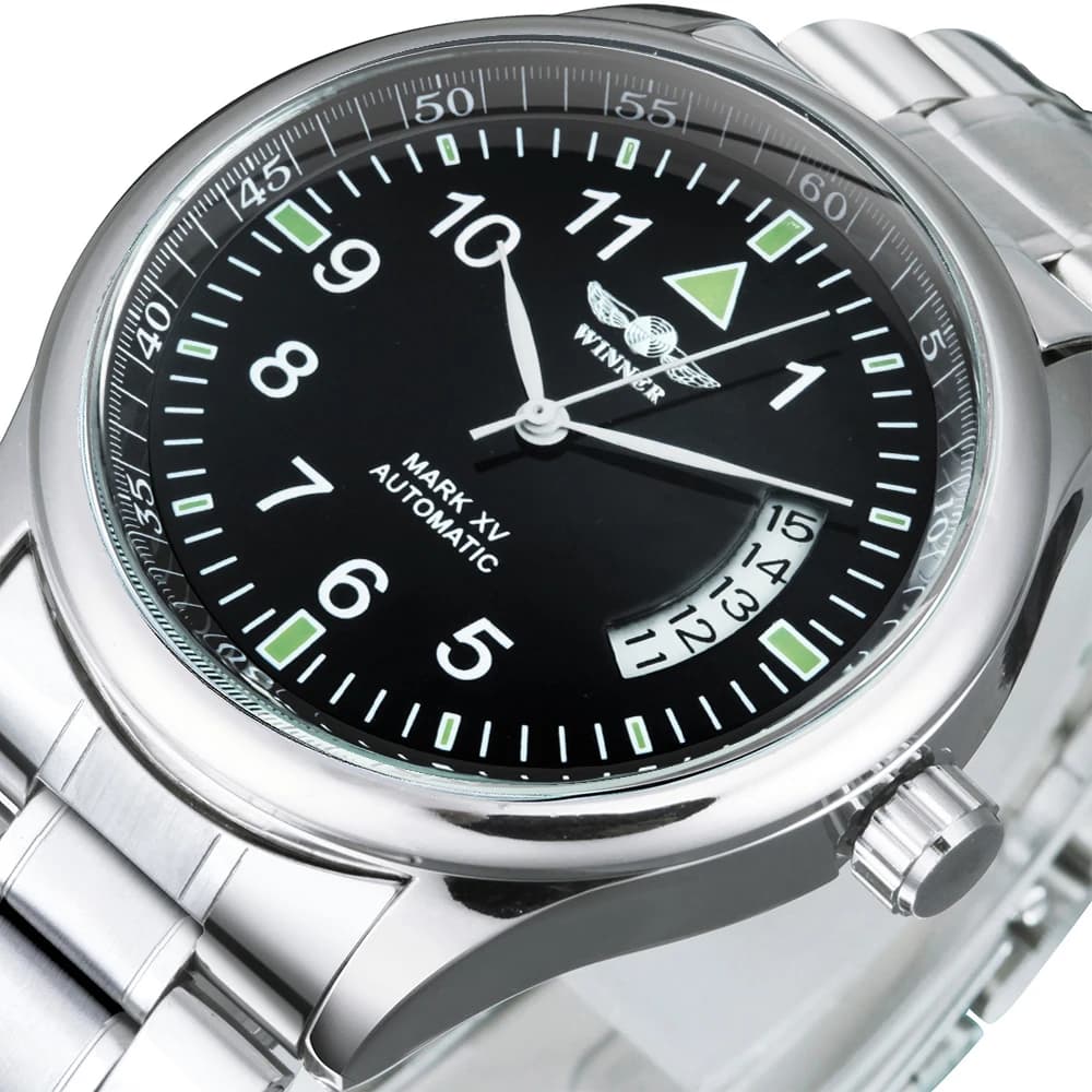 Montre automatique WINNER pour homme, fenêtre de calendrier, cadran noir tendance, bracelet en cuir 
