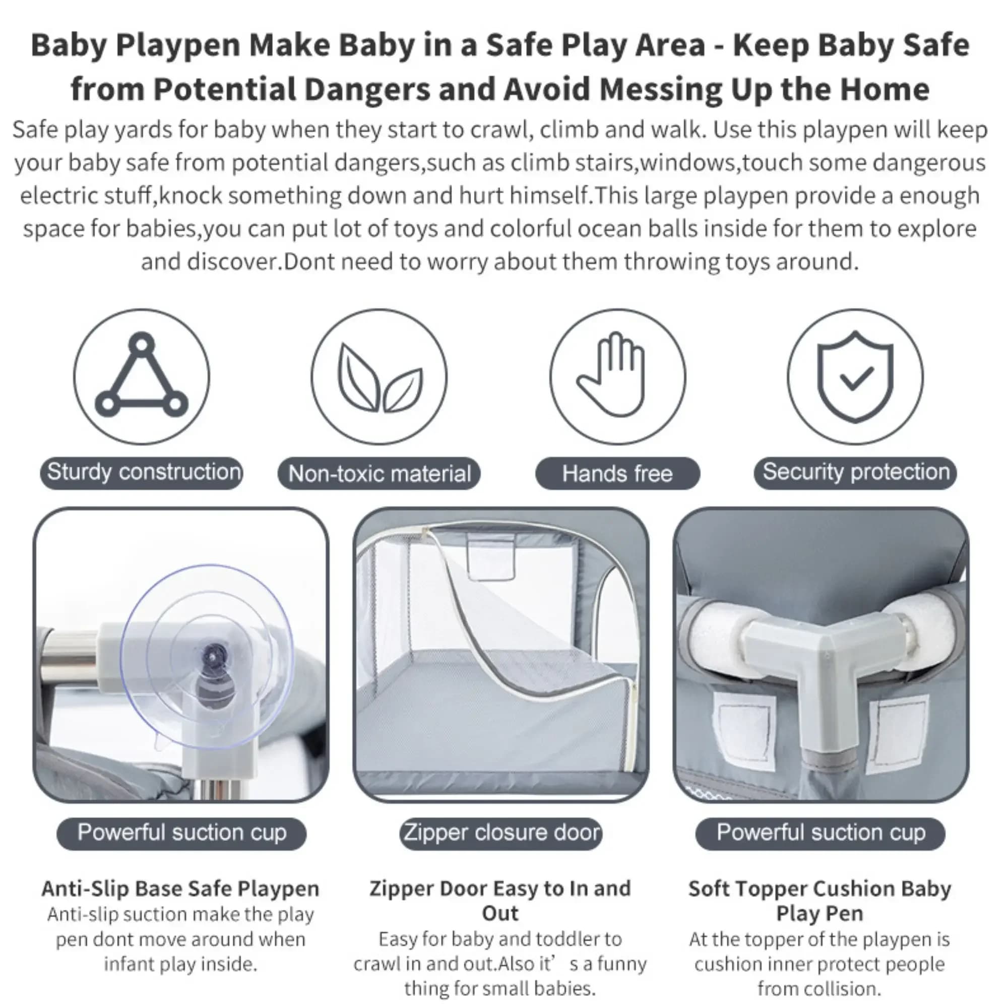 Parc de jeu pour bébé gris clair avec anneaux de traction, barrière de sécurité pour enfant, boîte à