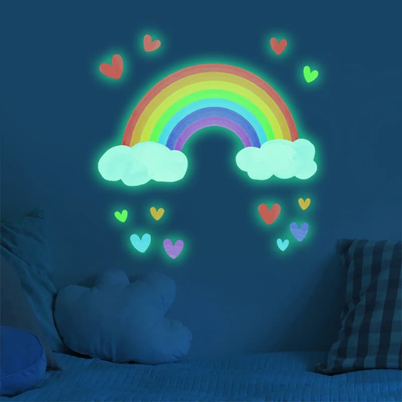 Autocollants muraux lumineux arc-en-ciel, dessin animé, lueur dans le noir, nuage, cœur, autocollant