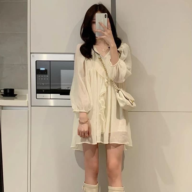 Robe de princesse élégante à manches longues pour femmes, col en V à volants, design de base, mini, 