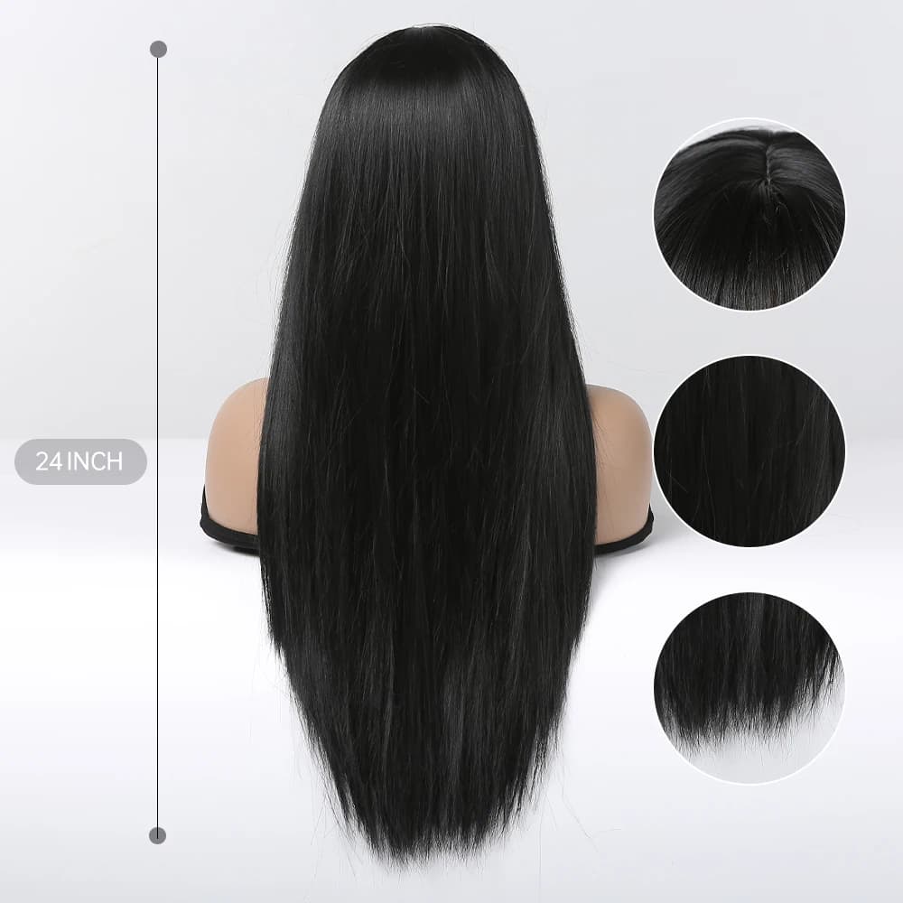 EASIHAIR – perruques synthétiques longues et lisses avec frange, perruques noires de fête Cosplay Lo