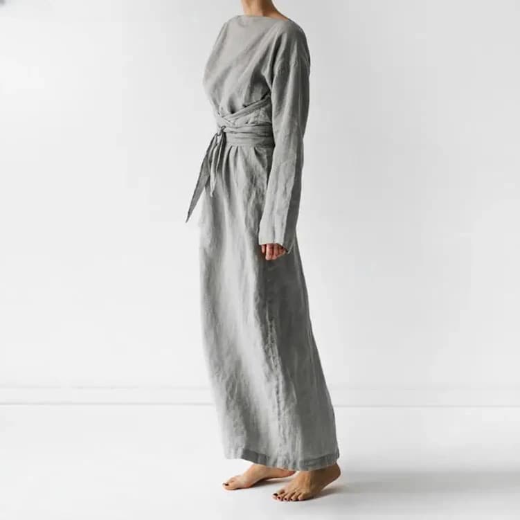 Robe longue décontractée en coton pour femmes, col rond, manches longues, gris uni, plis de document