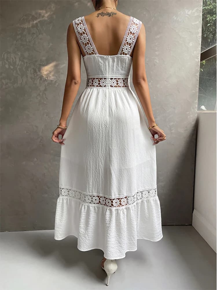 Robe mi-longue blanche pour femmes, style Boho, sexy, ajourée, élégante, à la mode, col carré, pour 