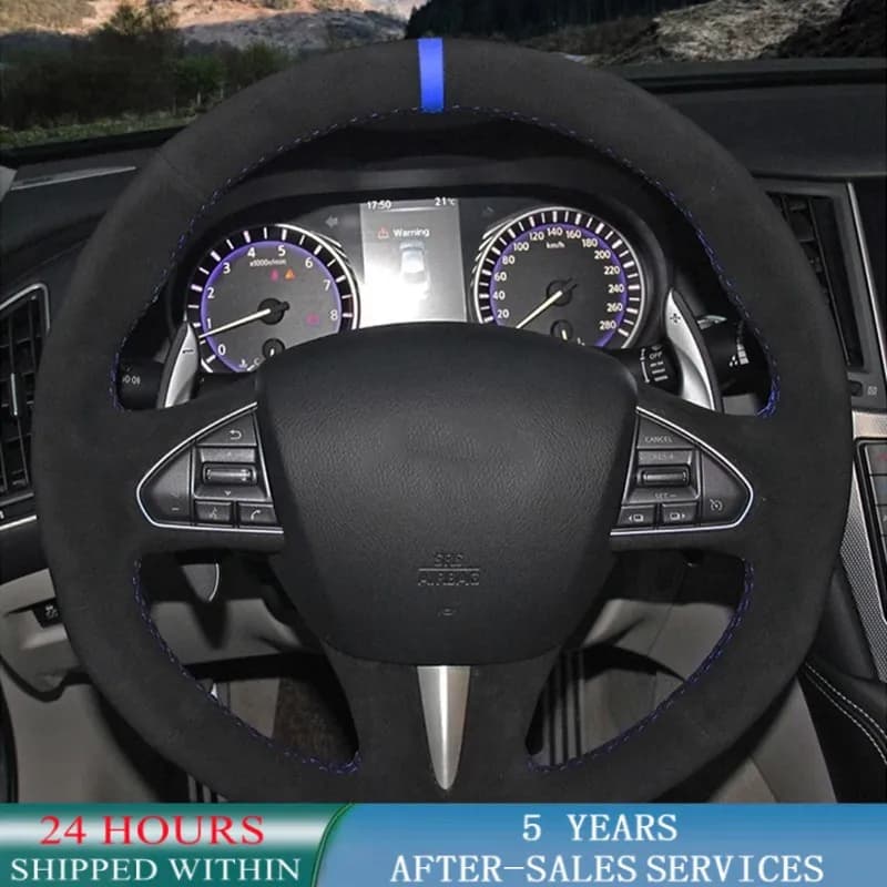 Juste de volant de voiture en cuir suédé noir personnalisé, tresse coordonnante, MF iti Q50 2014 201