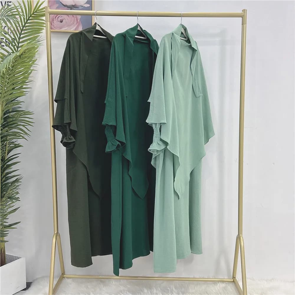 Ensemble Abaya Hijabi Khimar, robe Abaya ample à poignets smockés + foulard hijab à 2 couches, vêtem