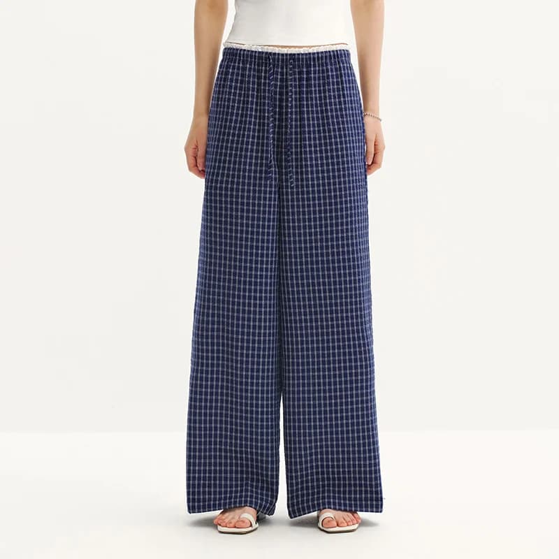 Pantalon Femme Semir à Carreaux 2026, Texturé, à Volants, Coupe Large, Style Urbain Décontracté, Dou