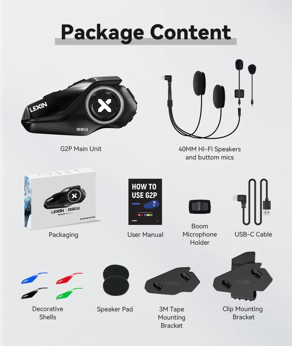 Lexin G2P casque d'interphone moto casques Bluetooth, communicateur mains libres jusqu'à 6 coureurs 