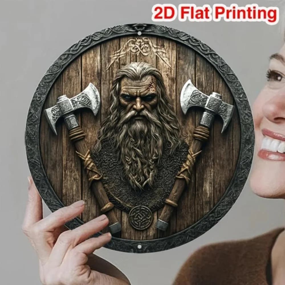 Décoration murale ronde sur le thème du bouclier viking - Panneau décoratif avec motif hache et bouc