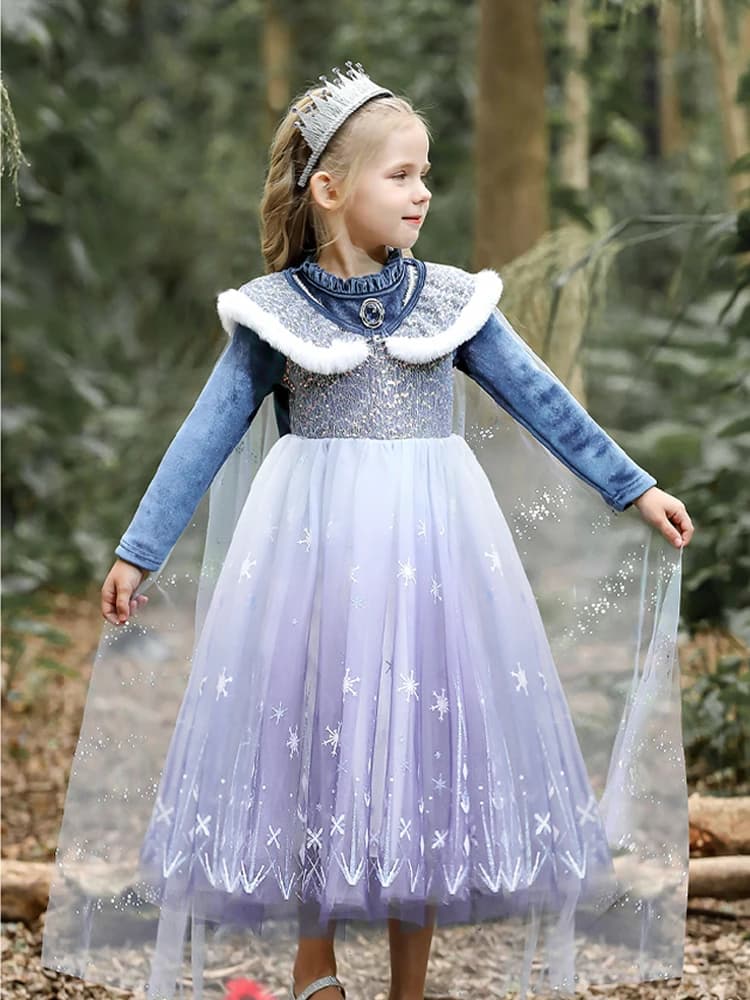 Robe de princesse Elsa la reine des neiges en velours pour filles, ensemble 2 pièces Cape bleue, rob