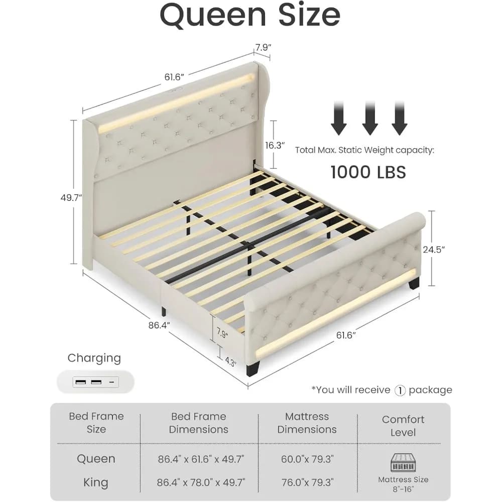 Cadre de lit queen size avec tête de lit, lit plateforme en velours rembourré avec tête de lit haute