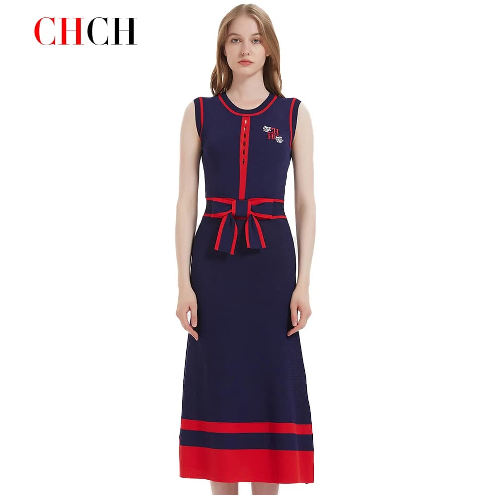 CHCH – robe longue tricotée sans manches pour femmes, tenue d'affaires Simple, bleu marine, nouvelle