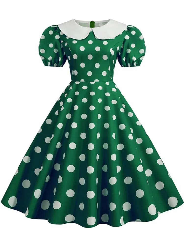 Robe d'été élégante pour femme, manches courtes bouffantes, à pois, col Peter Pan, style vintage, co