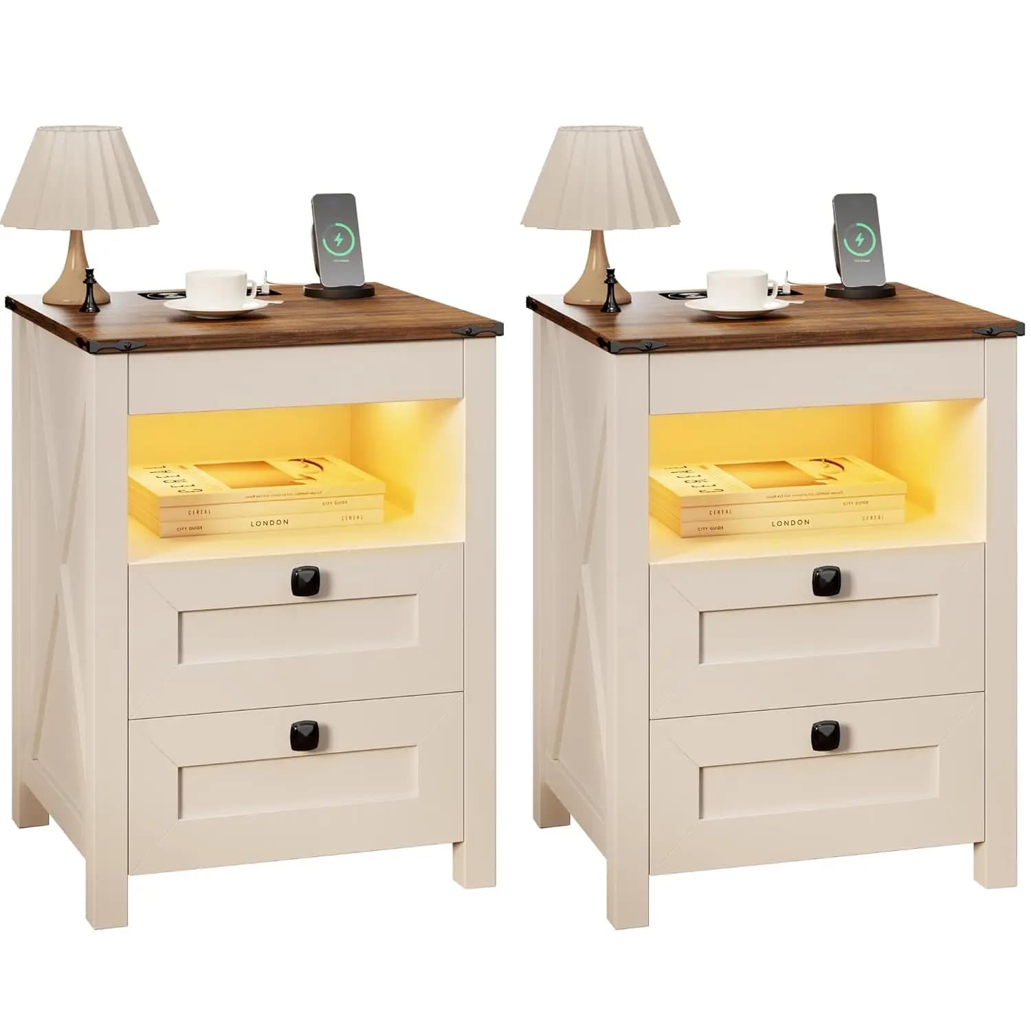 Ensemble de 2 tables de chevet LED avec tiroir pour armes à feu : Table de chevet avec station de ch