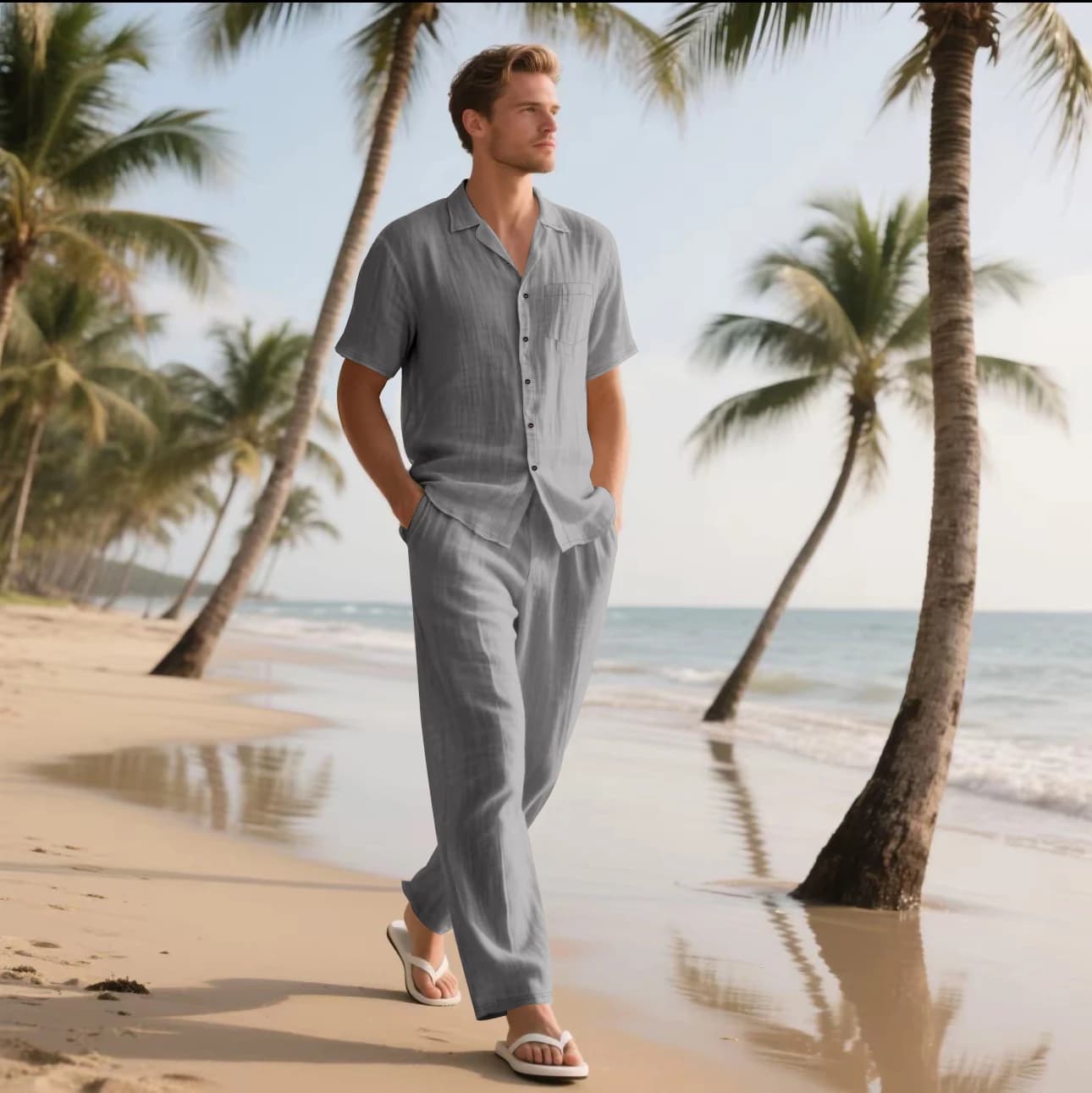 Nouvelle Collection 2025 – Ensemble Décontracté Homme : Chemise et Pantalon en Lin Respirant pour l'