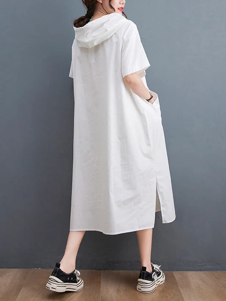 Nouvelle Robe Longue Décontractée Noire Vintage Oversize à Capuche et Manches Courtes pour Femme – T