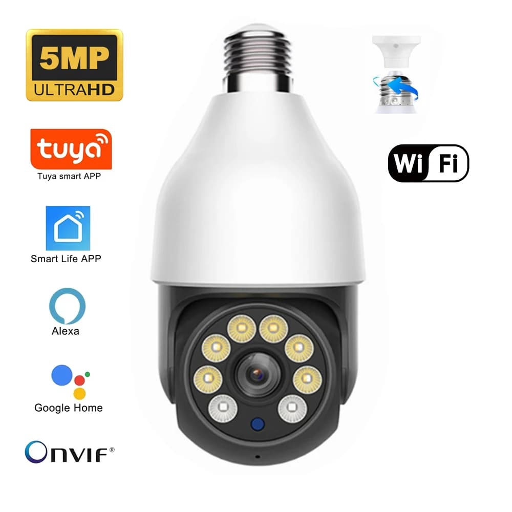 Caméra Ampoule 5MP 5G E27 WiFi TUYA Smart Life PTZ IP CCTV Extérieure Vision Nocturne 3MP Caméra de 
