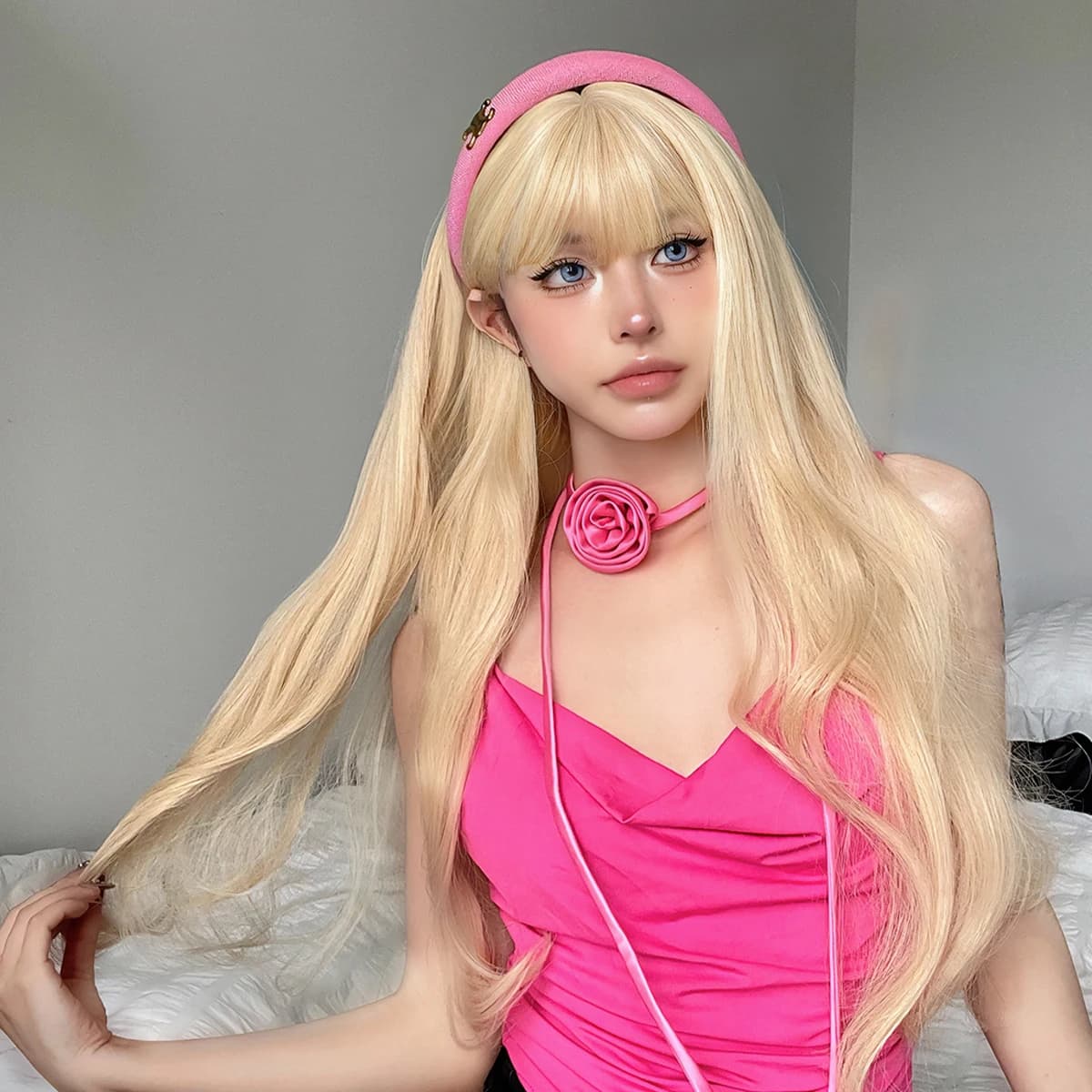Perruques synthétiques ondulées blondes longues avec frange, perruques de Cosplay Lolita blondes Hal