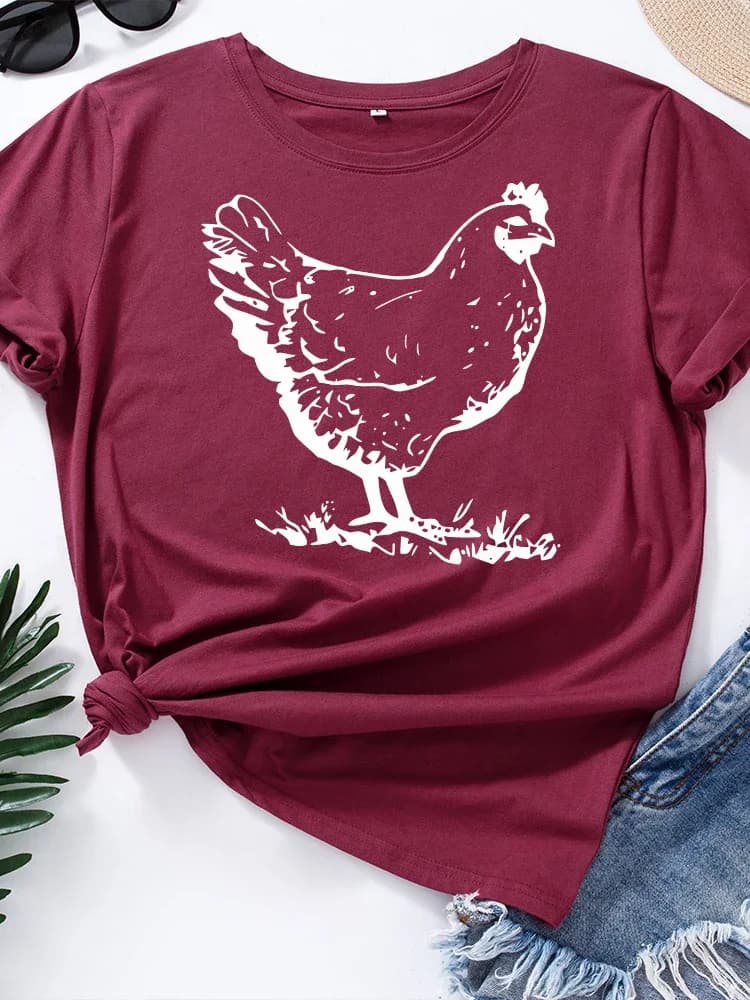 T-shirt manches courtes col rond femme, estival et jetable, avec impression poule blanche