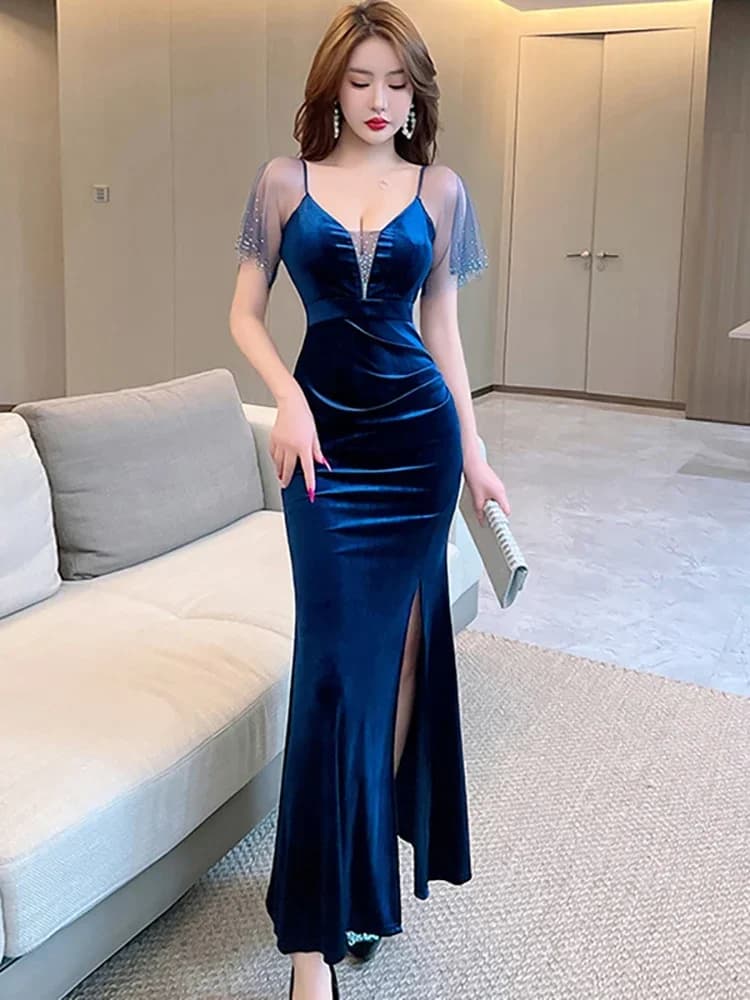 Robe de soirée moulante coréenne élégante et luxueuse en velours bleu avec diamants transparents pou