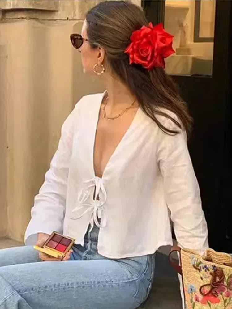 Chemises blanches élégantes à lacets pour femmes, chemisier à manches longues, col en V, monochromat