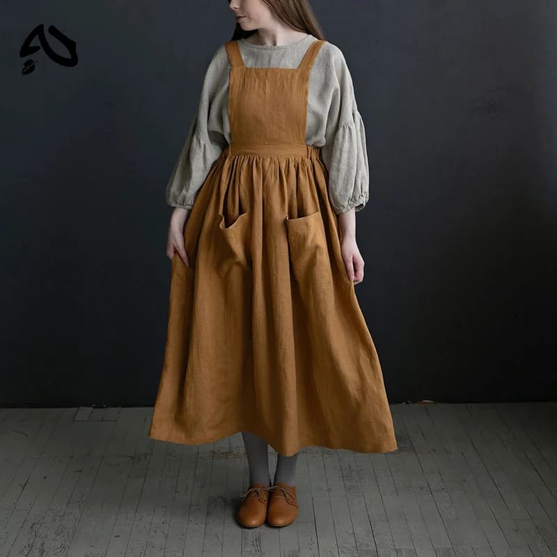 Original Robe en lin de coton chic et élégante pour femme, col carré, dos croisé, style japonais fra