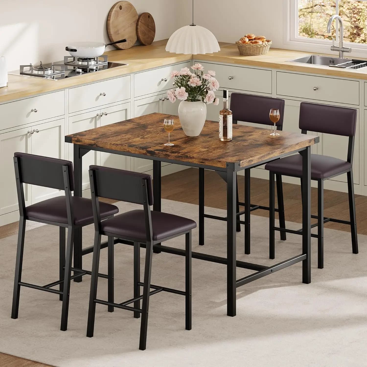 Ensemble de table à manger 5 pièces, ensemble de table de bar avec 4 chaises rembourrées pour pub, s