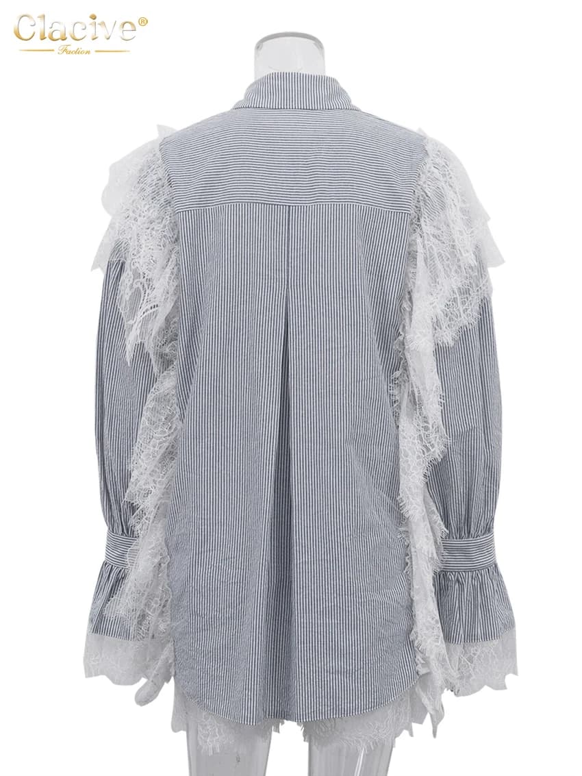 Clacive mode ample gris rayure dentelle épissé femmes deux pièces ensemble élégant à manches longues
