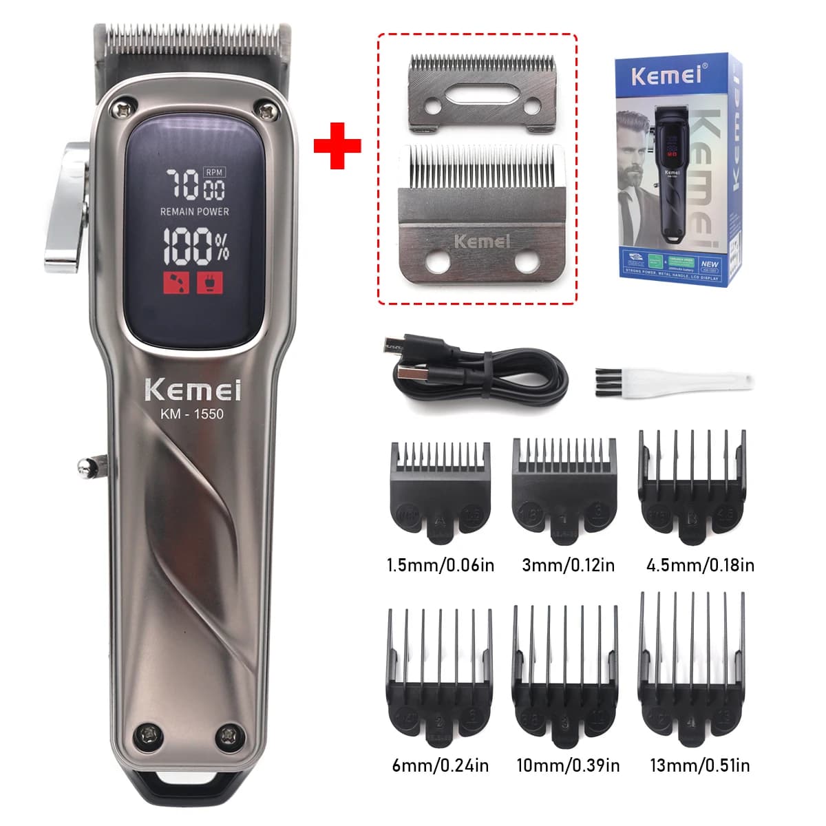 Kemei KM-1550 Professionnel Tondeuse À Cheveux pour Hommes Affichage LED À Faible Bruit Sans Fil USB