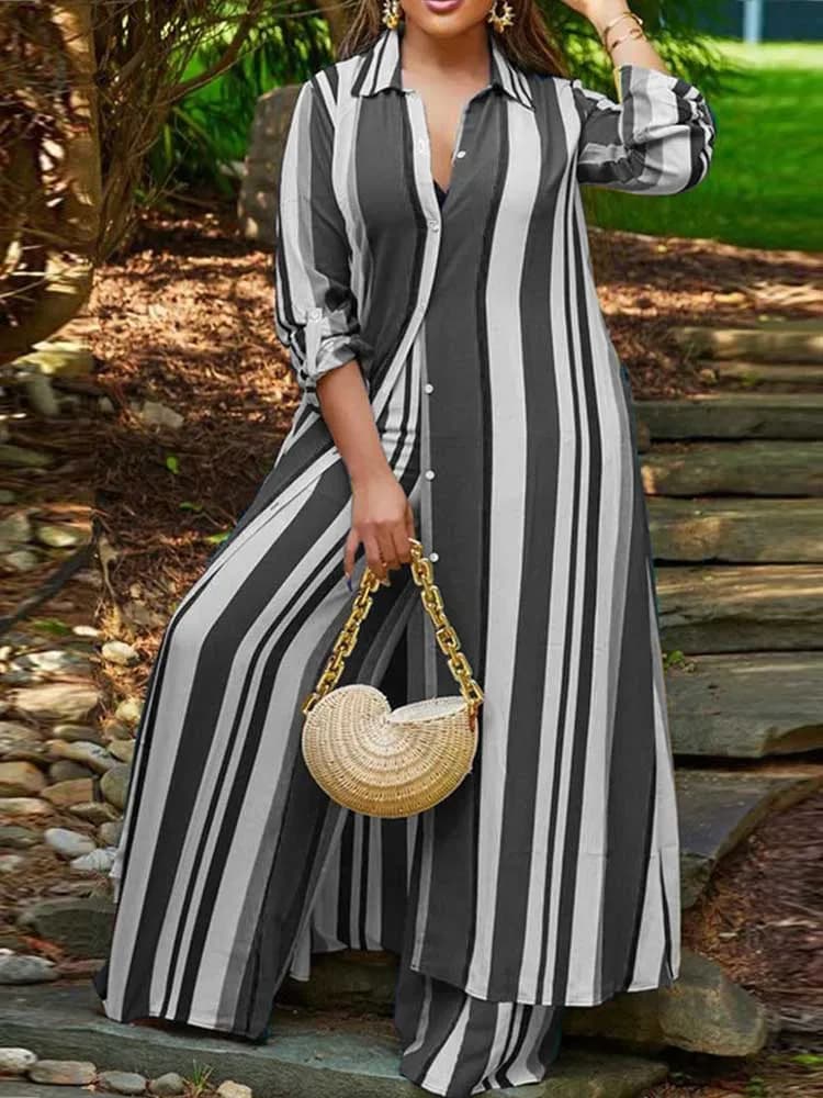 Ensemble chemise longue et pantalon pour femme, tenue décontractée rayée, ensembles assortis, vêteme