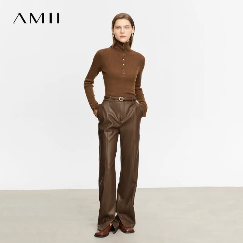 AMII minimaliste en cuir PU pantalons décontractés pour les femmes 2025 automne nouveau ample longue
