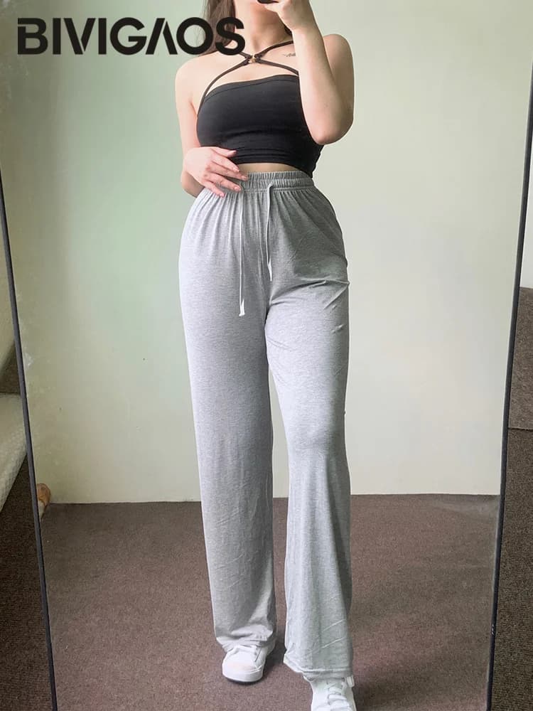 Femmes printemps été mince Modal jambe large pantalon élastique cordon extensible drapé gris taille 