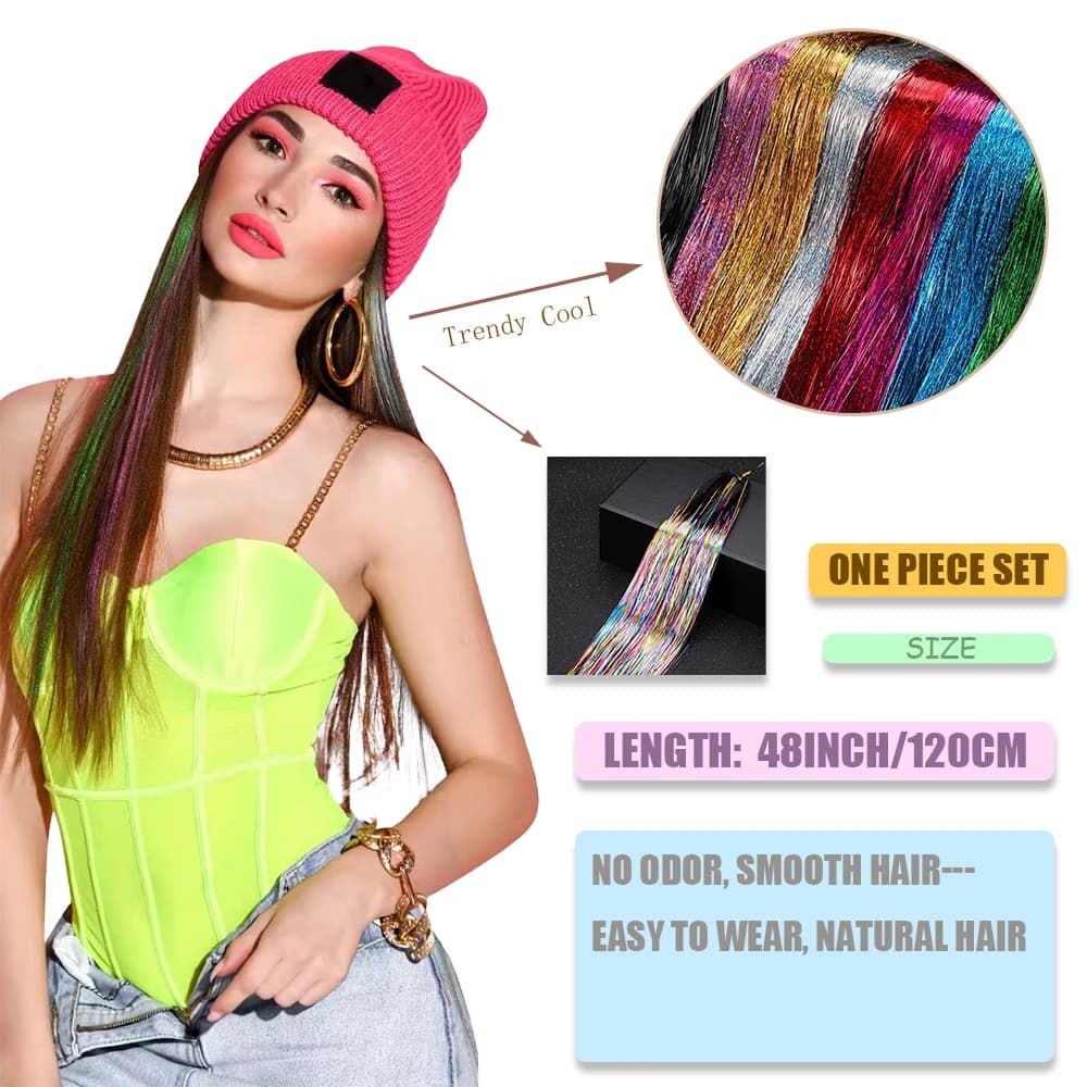 48 pouces brillant étincelle cheveux Tinsel Kit arc-en-ciel femmes coloré paillettes Bling Extension