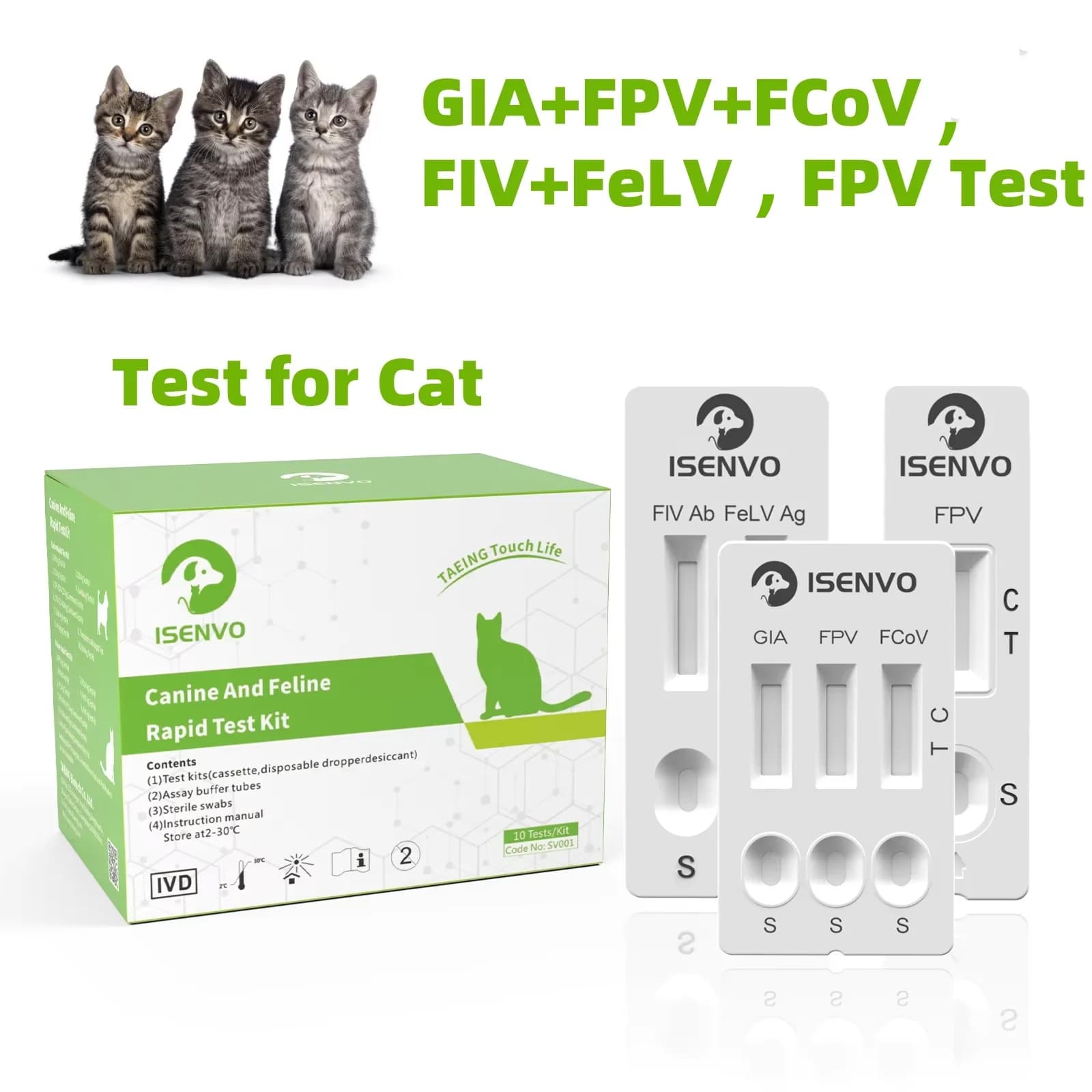 10 pièces félin FPV ou 10 pièces FIV + FeLV ou 10 pièces FPV + FCOV + GIA Kit de Test domestique rap