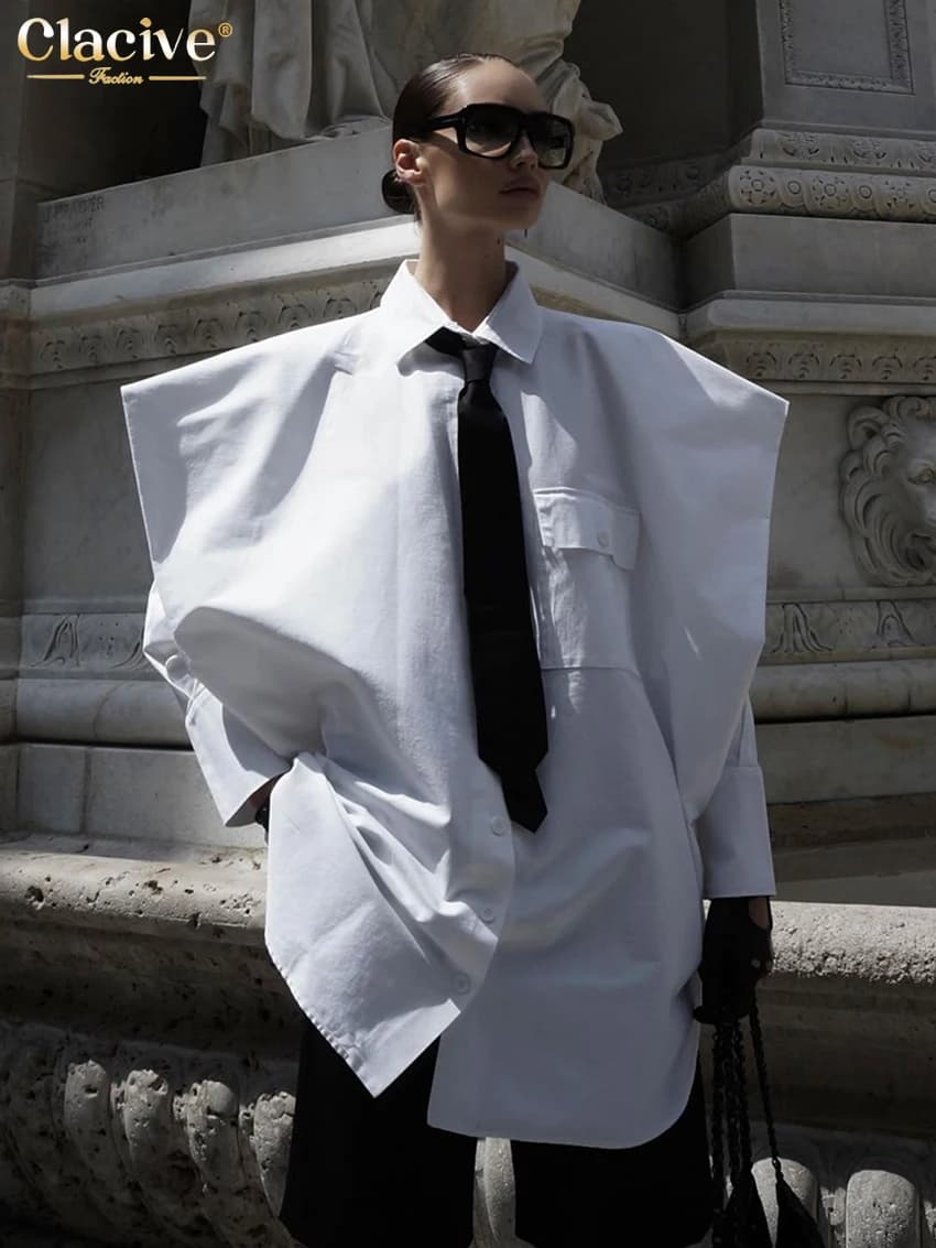 ClacMarkets-Chemisier Blanc à Manches sulfpour Femme, Streetwear, Élégant, Chic, avec Poche, à la Mo