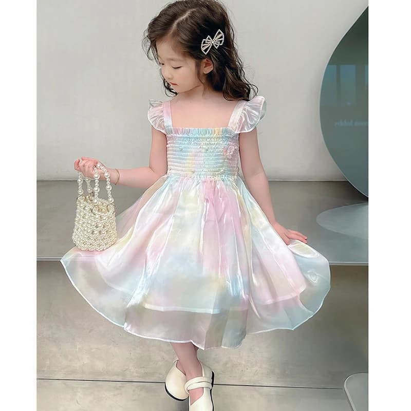 Robe princesse d'été pour filles de 1 à 8 ans, jolie robe en maille dégradée arc-en-ciel avec décora