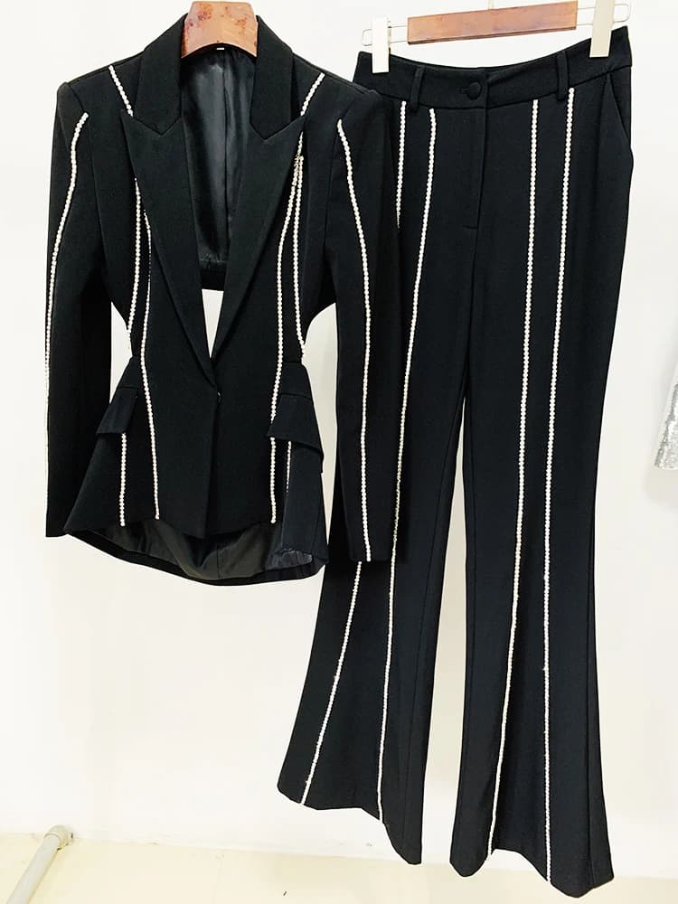Ensemble blazer et pantalon évasé à revers perlé pour femme, bouton unique évidé, diamants, haute qu
