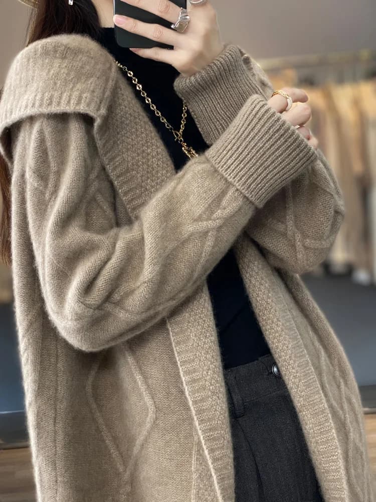 Cardigan Long en laine mérinos pour femme, pull torsadé à manches longues, manteau, ample et chaud, 