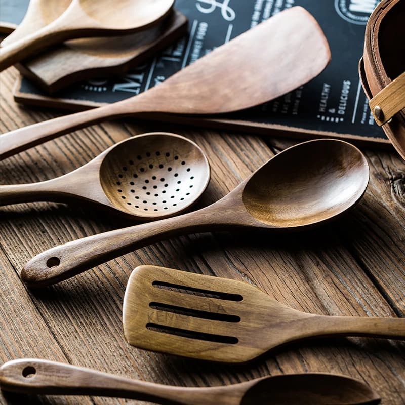 Cuillères en bois pour la cuisine, ustensiles en bois pour la cuisine avec porte-ustensiles, ensembl