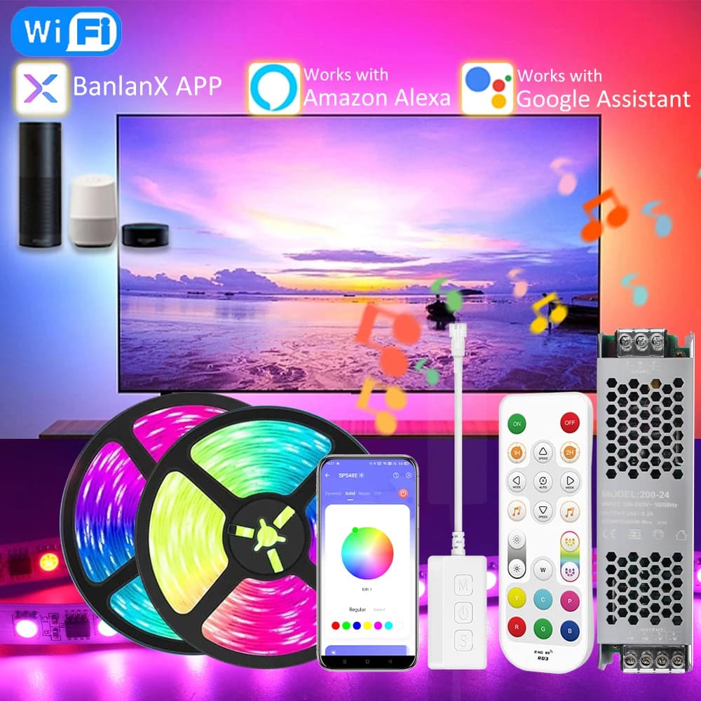 WS2811 RGBIC LED Pixel bandes lumineuses 24V 5M 10M 15M 20M Wifi intelligent Alexa commande vocale a