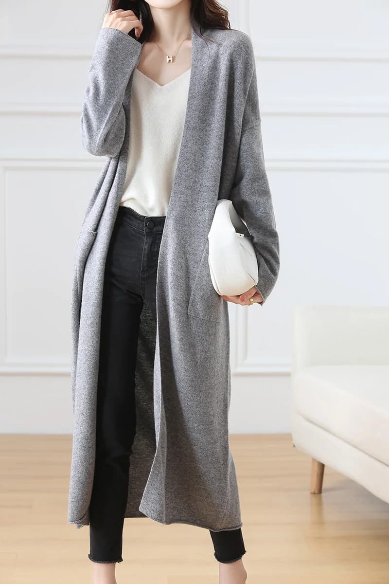 Cardigan en laine à col en V pour femme, pull 100% laine, monochromatique, mode féminine, long, tric