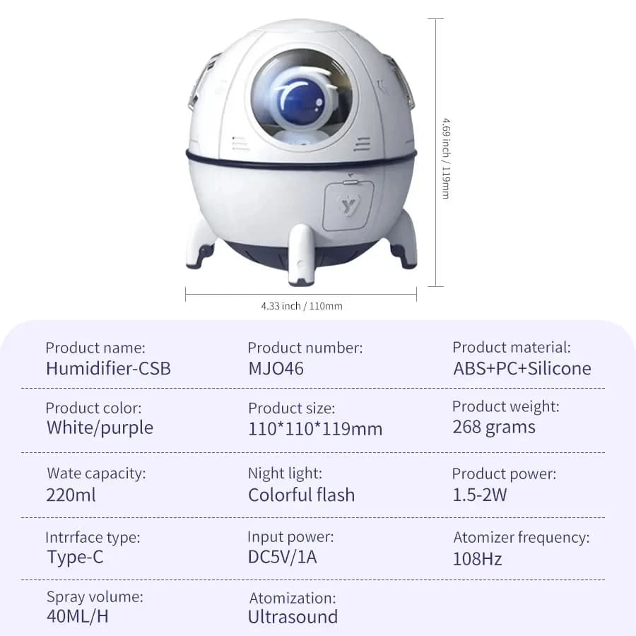 Humidificateur d'air à Capsule spatiale de 220mL, prise USB, diffuseur d'eau d'aromathérapie à brume