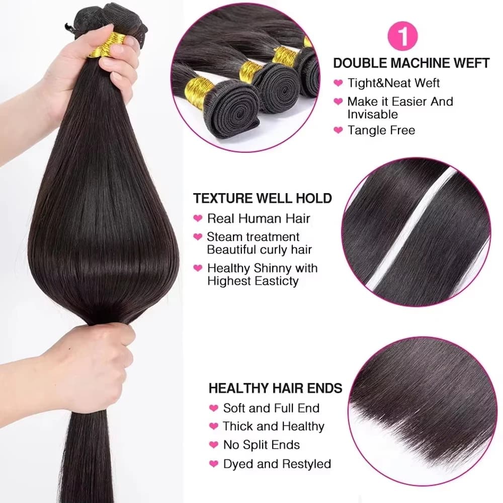 Extensions de cheveux naturels indiens vierges, lisses comme des baguettes, 26, 28, 30 pouces, 3 ou 