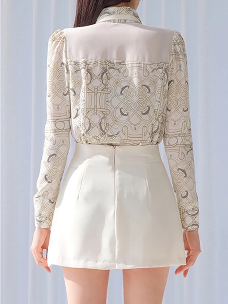Chemisier en Y imprimé vintage pour femme, mini jupe courte, tenue de bureau élégante, chic formel, 