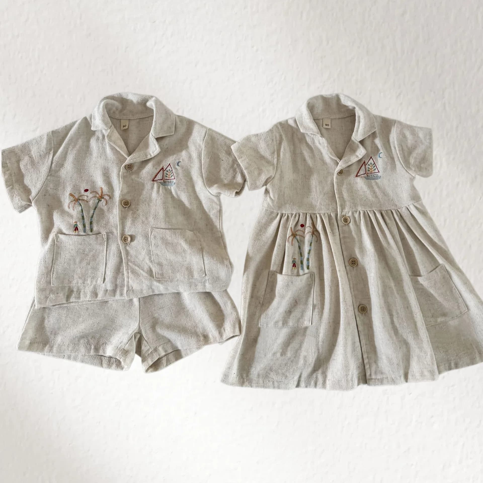 Nouvel ensemble d'été pour enfants style vacances : Robe trapèze en lin brodée bateau à voile pour f