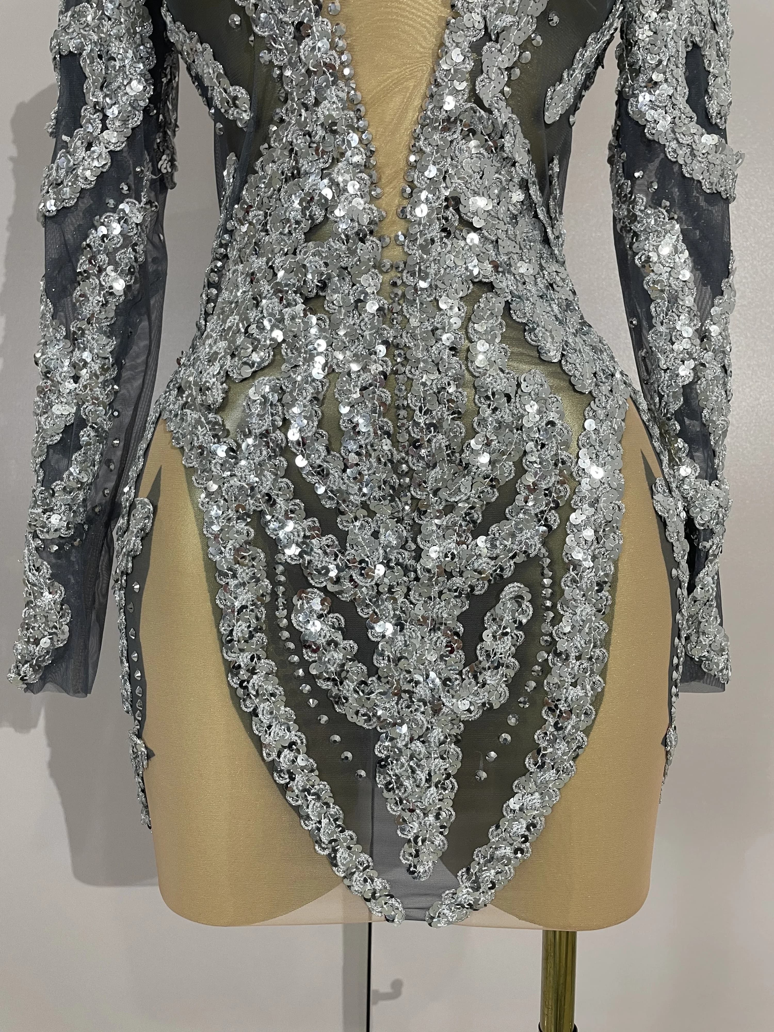 STOCK – tenue de scène Sexy en maille, manches longues, strass scintillants, Mini robe, fête d'anniv