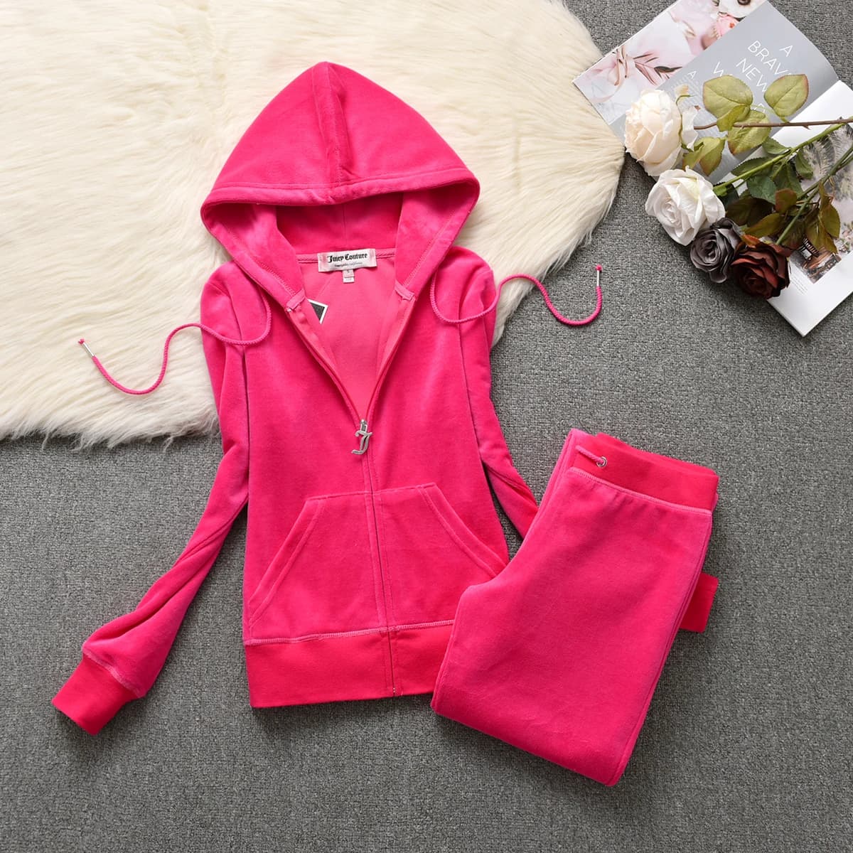 Ensemble de survêtement en velours 666 avec diamants 2026 pour femme – Veste à fermeture éclair et p