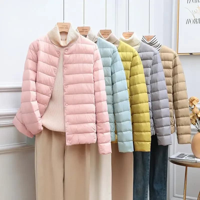 Parka en duvet de canard blanc pour femme, veste chaude, coupe couvertes, manteau sans col ultralége
